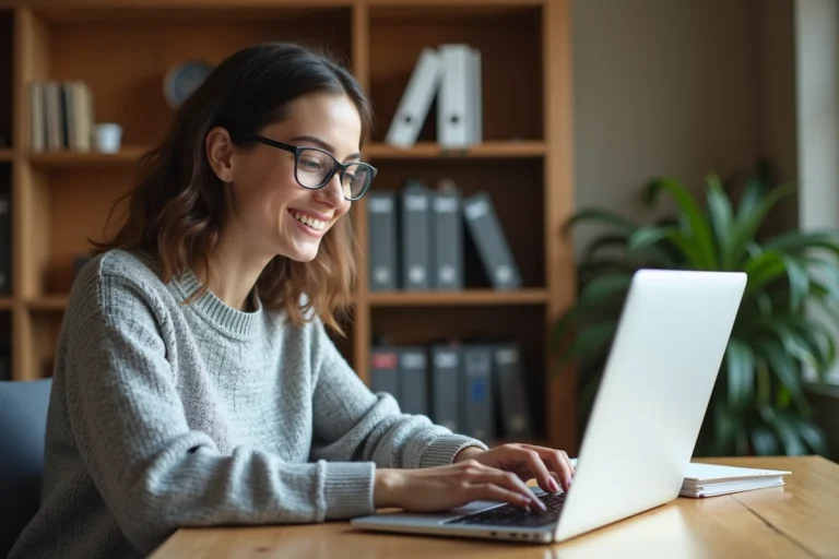 Jeune femme accédant à une plateforme scolaire en ligne sur son ordinateur portable dans un bureau à domicile