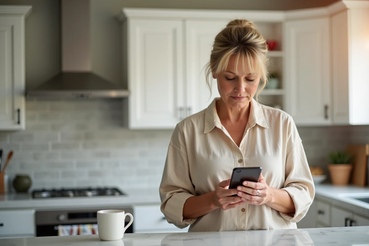 Femme consultant le site maclasse en ligne sur son smartphone depuis sa cuisine le matin