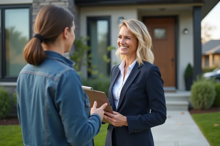Agent immobilier femme saluant un couple devant une maison moderne