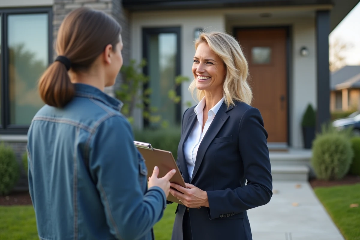 Agent immobilier femme saluant un couple devant une maison moderne