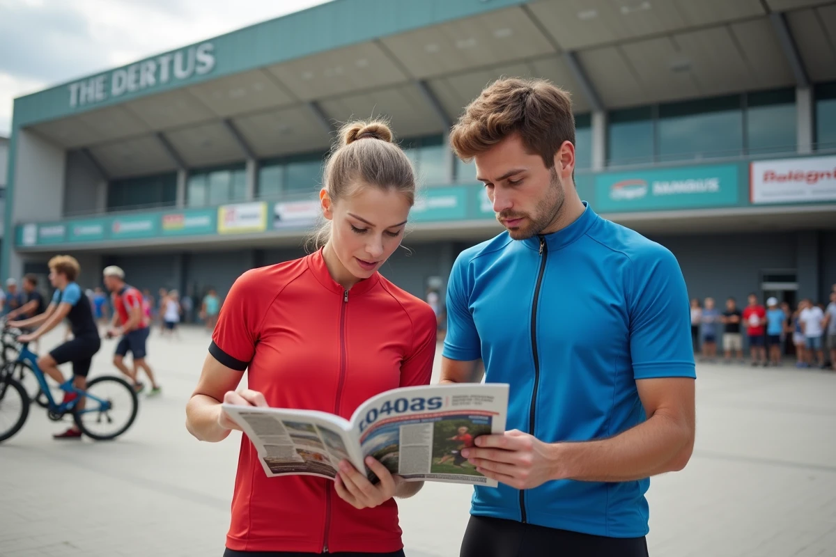 Deux sportifs régionaux consultant le magazine Sportsland devant un complexe sportif local