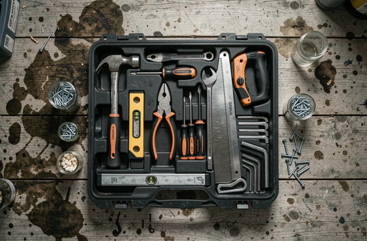Vue aérienne d'une boîte à outils ouverte avec les équipements essentiels pour le bricolage à domicile