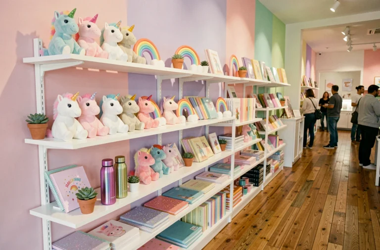 Vitrine de boutique tendance avec une collection complète de produits licornes colorés et accessoires irisés