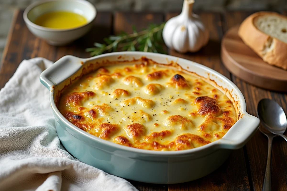 Plat de brandade de morue gratinée maison présentée dans un plat en céramique sur une table en bois rustique