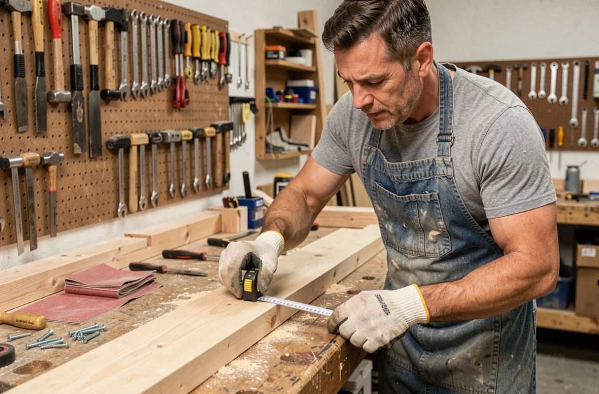 Bricoleur mesurant une planche en bois avec un mètre ruban dans un atelier bien équipé