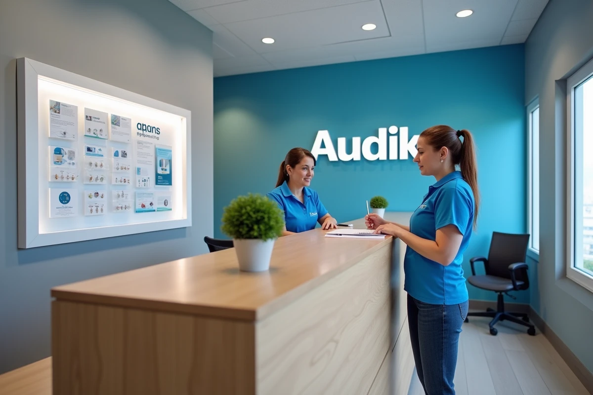 Intérieur d'un centre auditif Audika moderne avec comptoir d'accueil, présentoir d'appareils auditifs et brochures tarifaires disponibles
