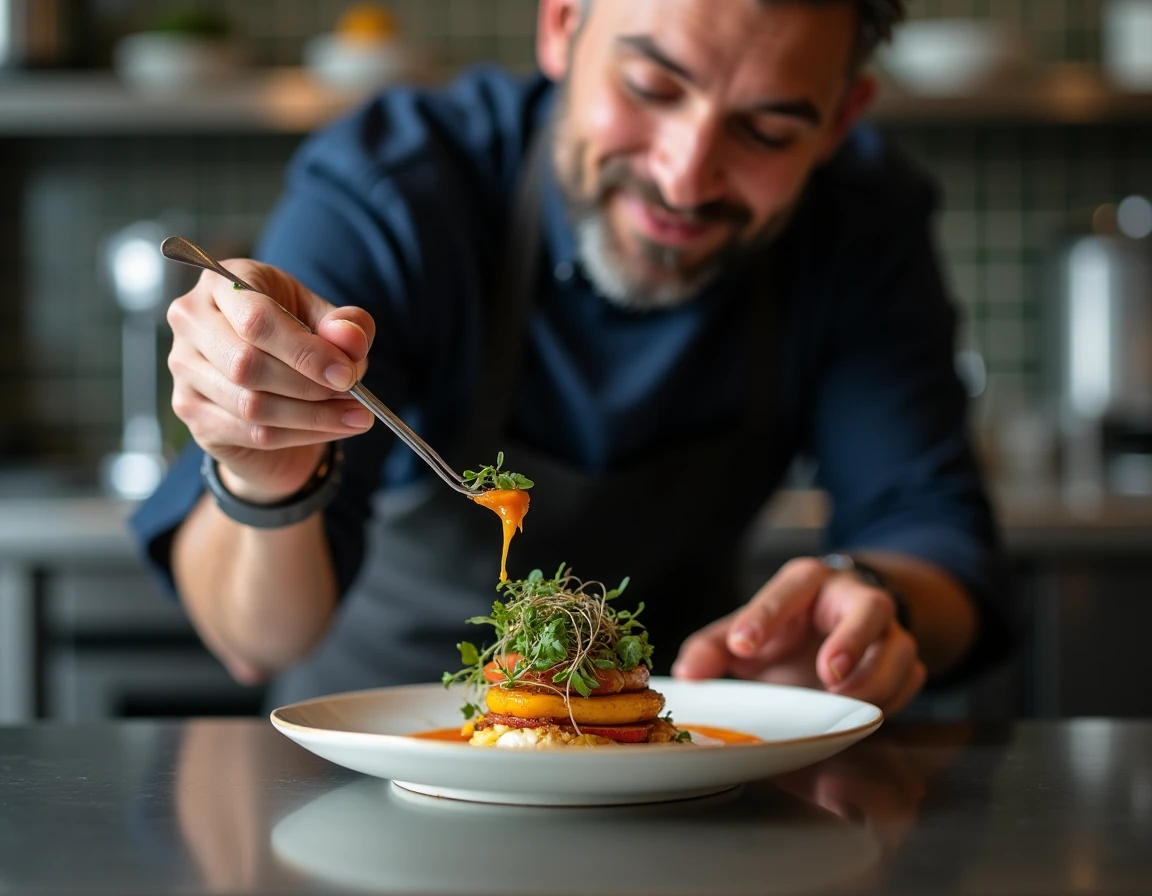 Chef professionnel dressant une assiette gastronomique avec des légumes rôtis et des micropousses dans une cuisine de restaurant