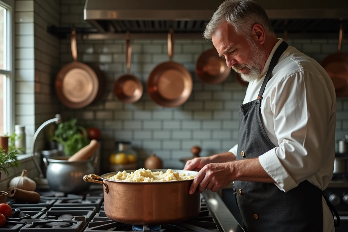 Chef amateur remuant une brandade de morue maison dans une casserole en cuivre sur une cuisinière professionnelle