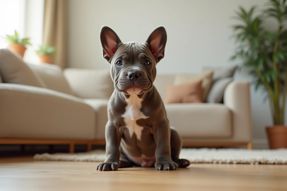 Chiot American Bully au pelage bringé assis dans un salon moderne, idéal pour illustrer un guide de choix pour débutants