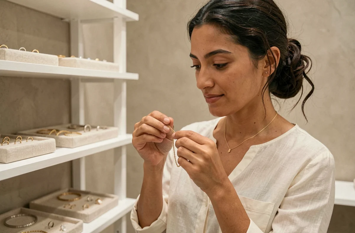 Femme choisissant un collier en or fin dans une bijouterie minimaliste