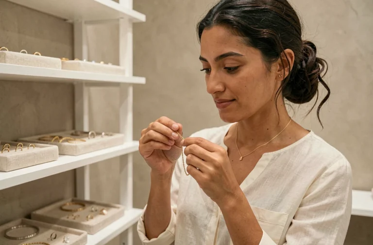 Femme choisissant un collier en or fin dans une bijouterie minimaliste