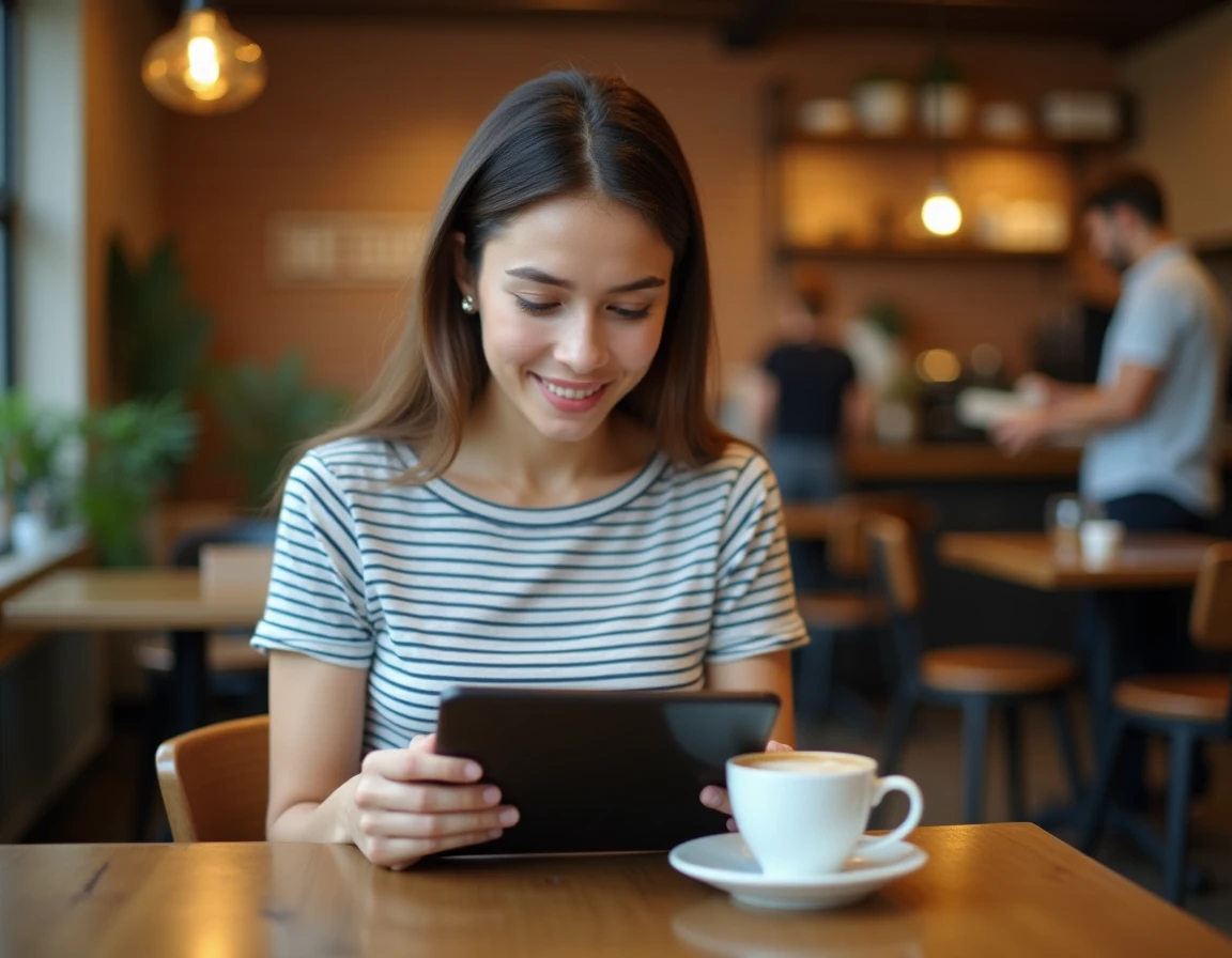 Jeune femme lisant les conditions de changement de nom EasyJet sur une tablette dans un café
