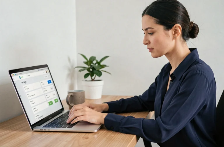 Femme connectée à son espace personnel MYF sur un ordinateur portable dans un bureau à domicile