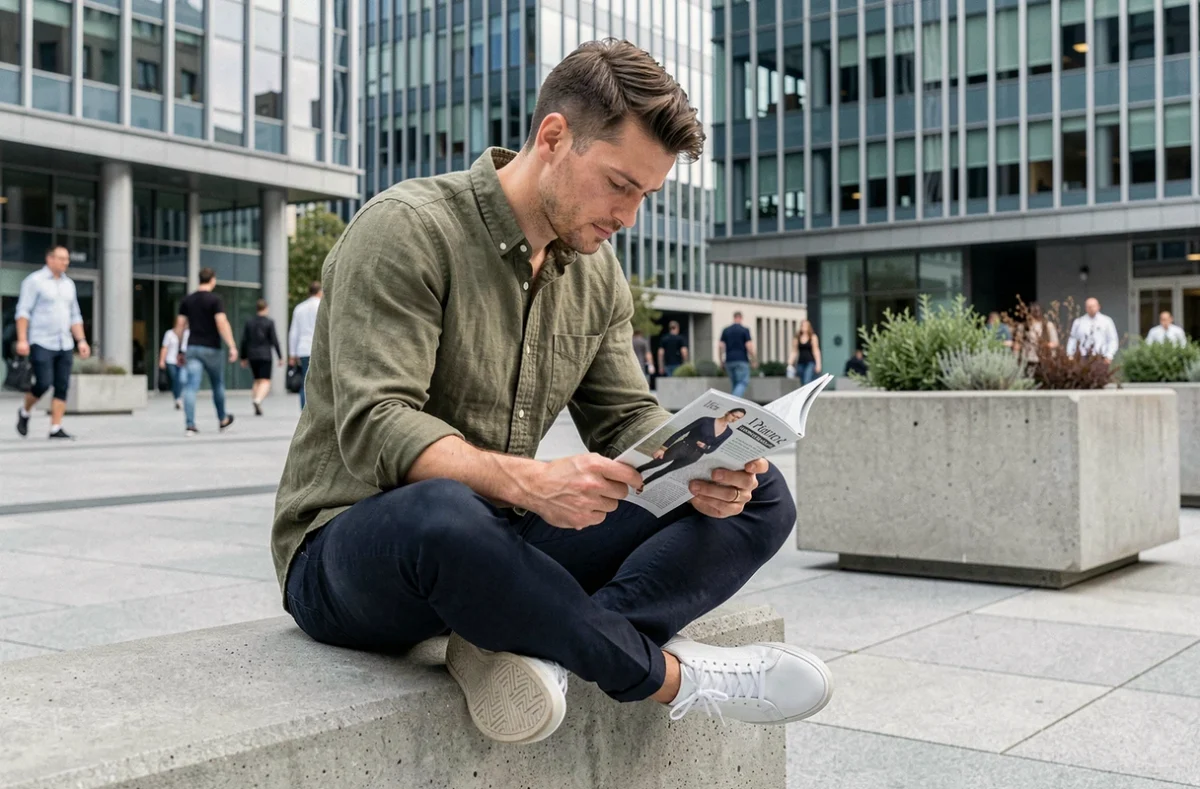 Homme stylé en tenue casual chic assis dans une place urbaine moderne, conseils mode masculine tendance
