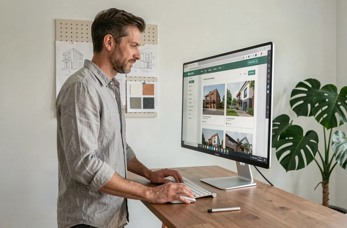 Homme consultant un service en ligne d'experts en architecture depuis son bureau à domicile minimaliste
