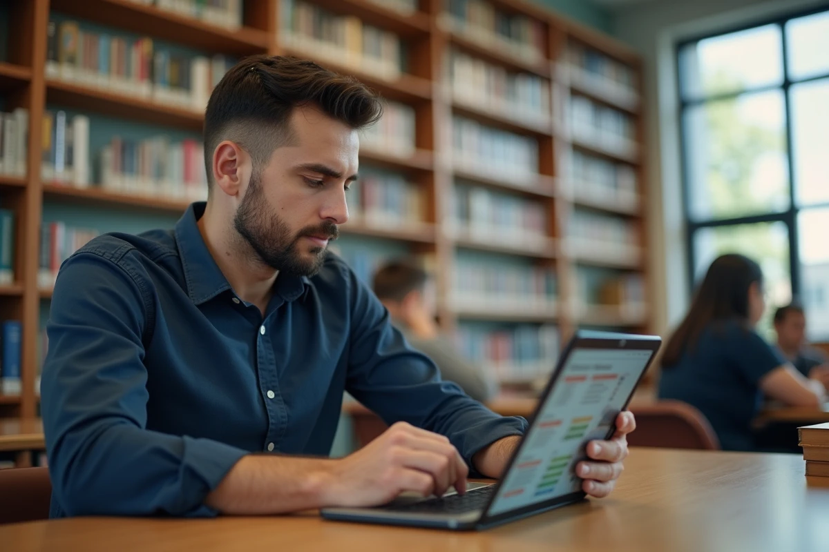 Homme consultant une fiche de classe en ligne sur une tablette dans une bibliothèque publique