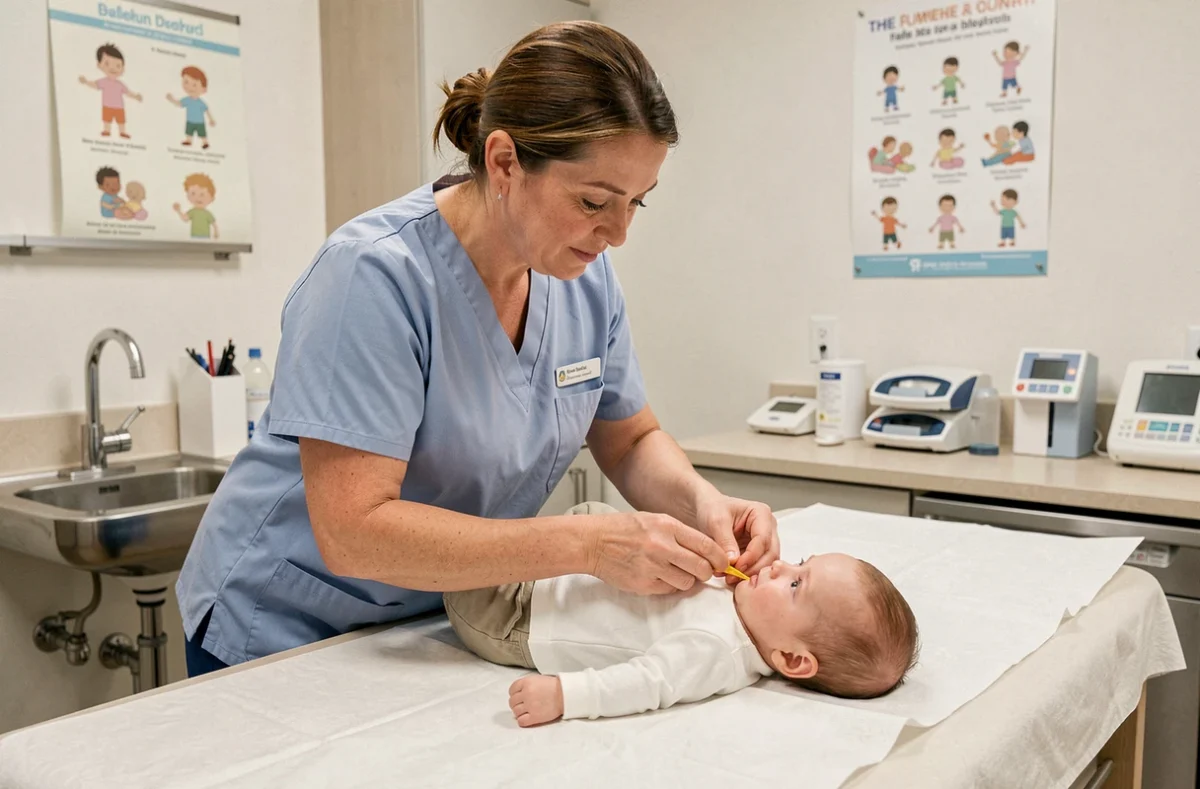 Infirmière pédiatrique mesurant un bébé lors d'une consultation de suivi médical