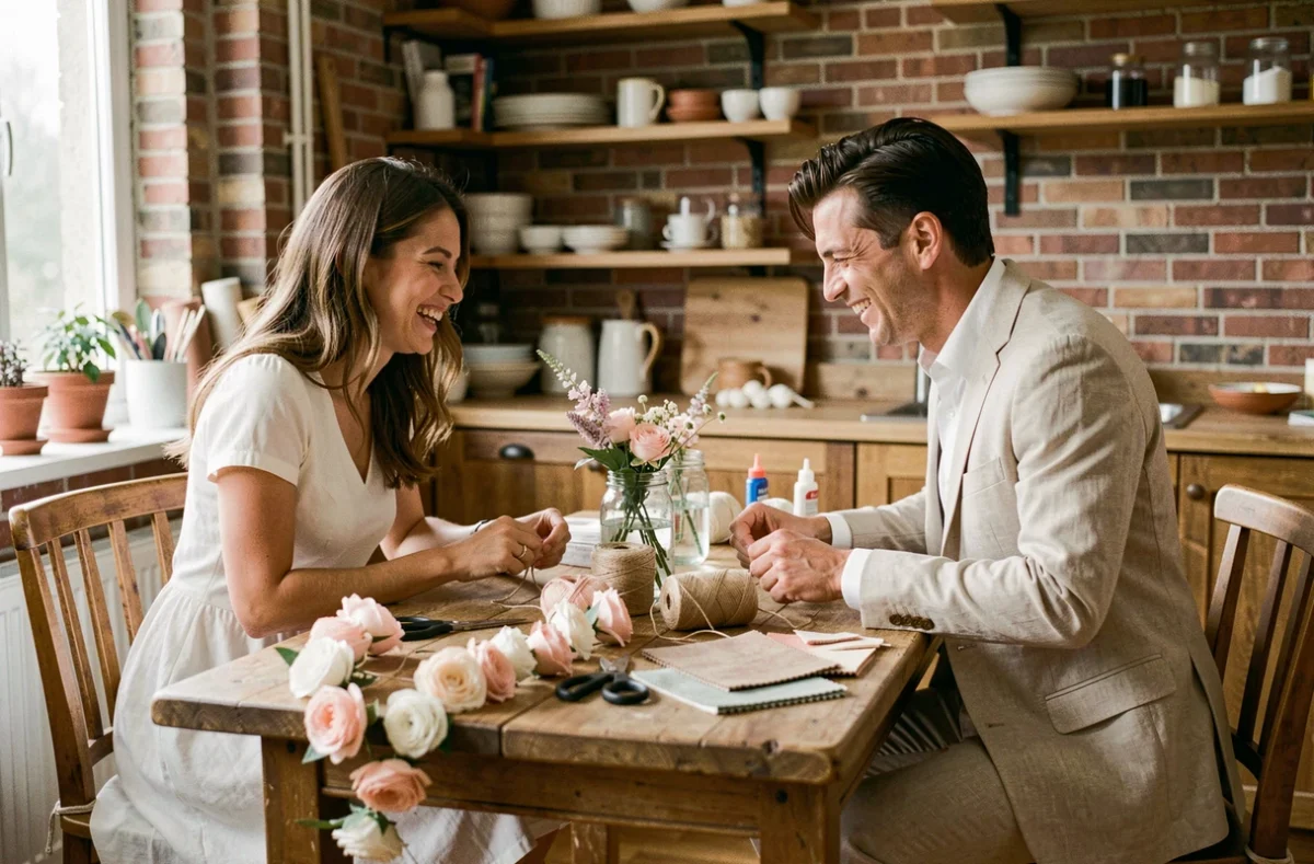 Couple préparant des décorations de mariage fait main et recyclées pour réduire le budget de leur cérémonie