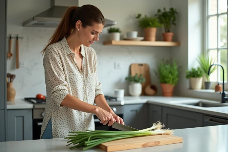 Femme en cuisine hachant des herbes fraîches pour la recette