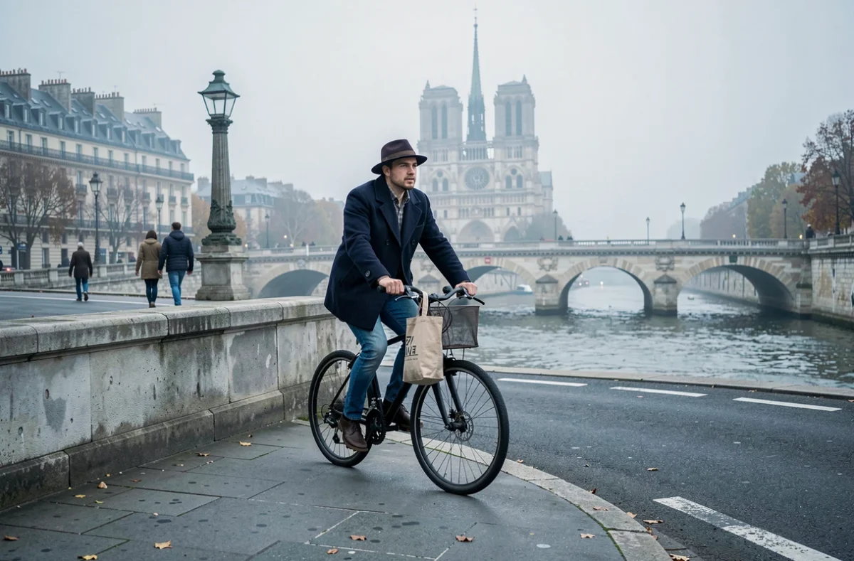 Cycliste traversant le Pont de la Tournelle avec Notre-Dame de Paris en arrière-plan sous un ciel nuageux d'automne