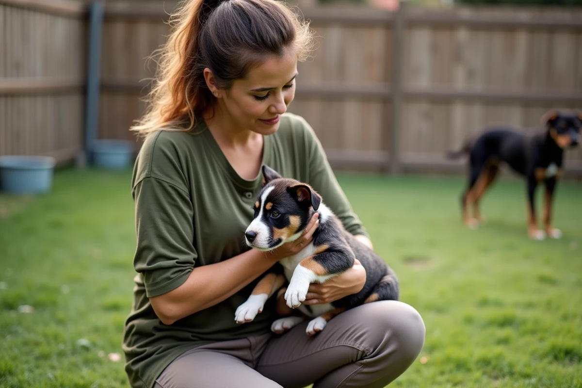 Éleveuse tenant un chiot Exotic Bully merle tricolore dans un chenil extérieur propre, guide pour choisir un éleveur sérieux