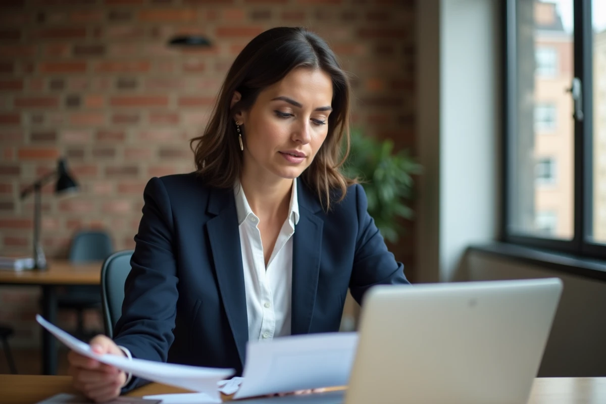 Entrepreneure concentrée travaillant sur ses projets dans un espace de coworking moderne