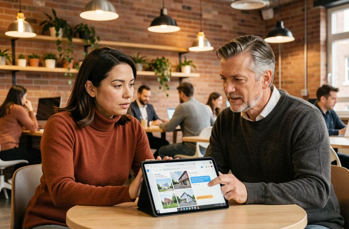 Deux professionnels consultant une agence d'architecture en ligne via tablette dans un espace de coworking