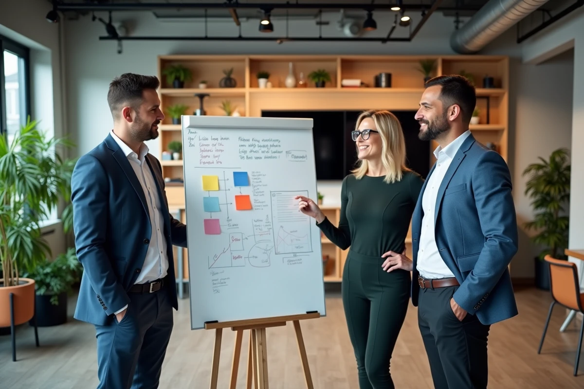 Équipe d'entrepreneurs en réunion de brainstorming autour d'un tableau blanc dans un bureau moderne