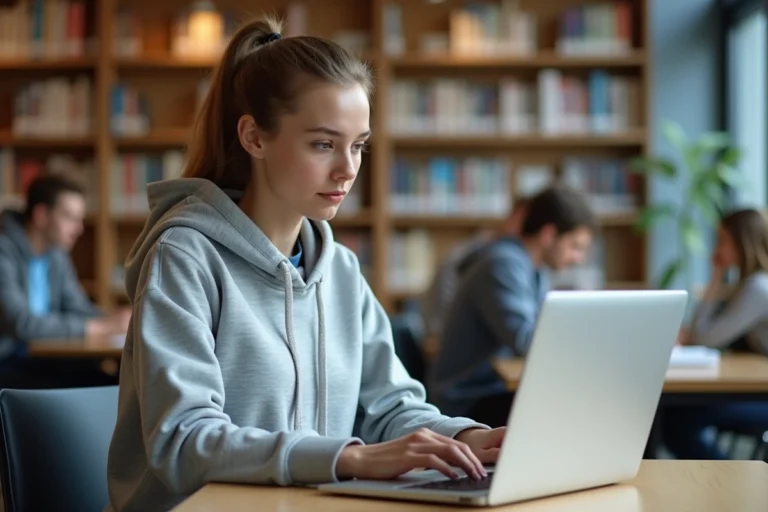 Étudiante connectée à un portail étudiant type MyCampus sur un ordinateur portable dans une bibliothèque universitaire moderne