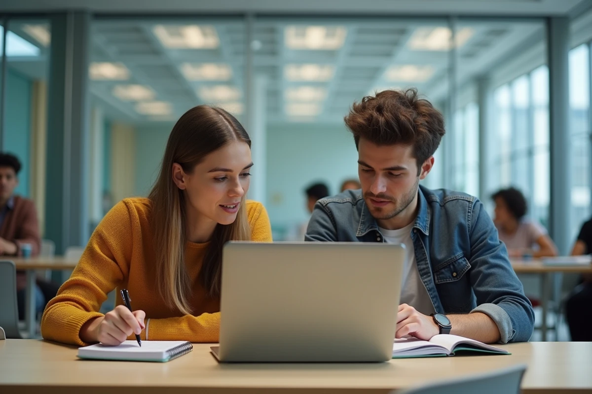 Deux étudiants consultant ensemble un portail éducatif MyCampus ou ENT sur un campus universitaire