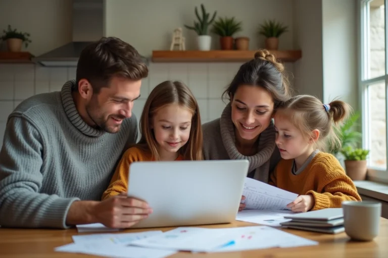 Famille de quatre autour d'une table à discuter des factures