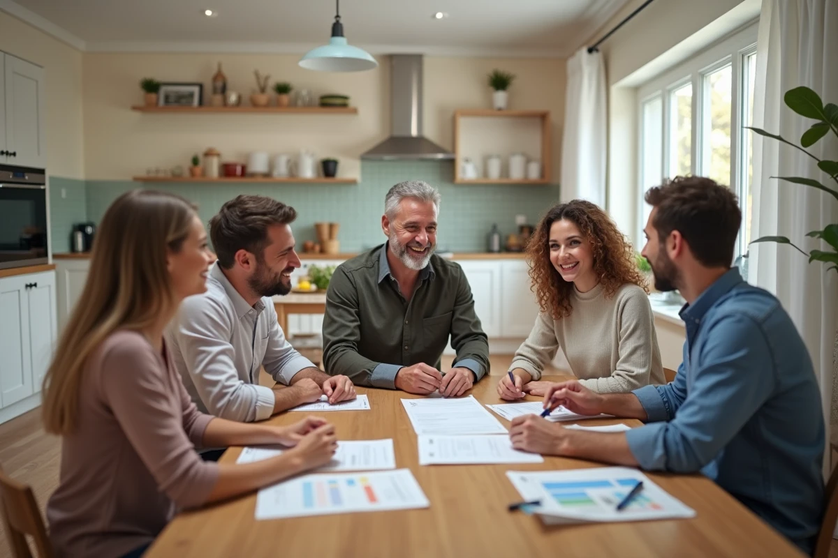 Famille discutant avec un agent immobilier dans leur nouvelle maison