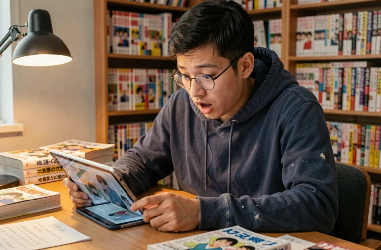 Fan de manga lisant le chapitre 1141 de One Piece sur une tablette avec une expression de surprise et d'émerveillement