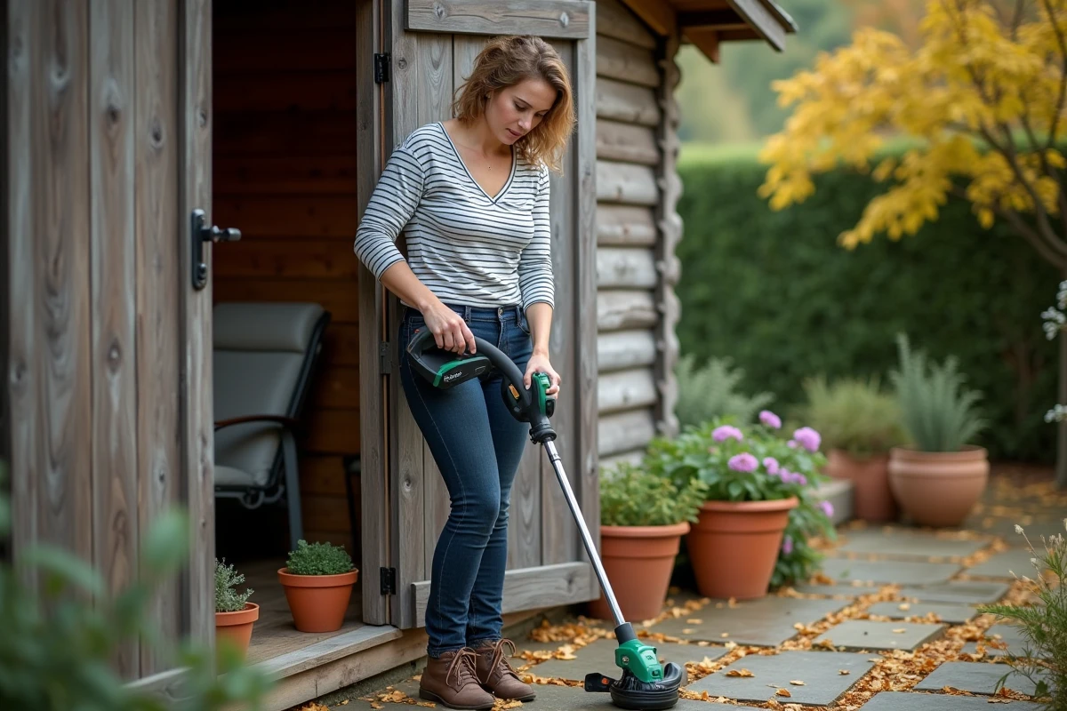Femme en train d'insérer la batterie dans un coupe-bordure sans fil Black et Decker dans un jardin avec une remise en bois