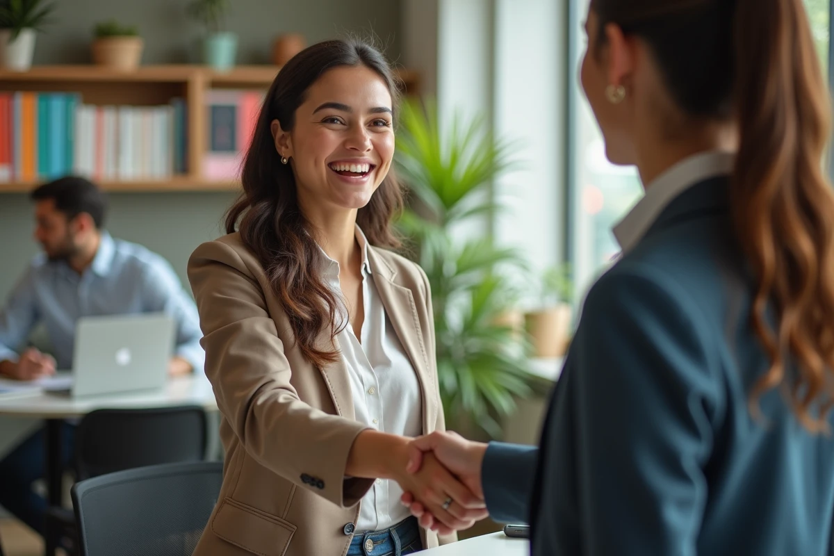 Jeune femme souriante serre la main d