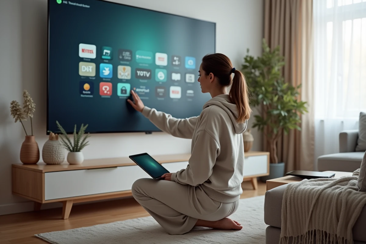 Jeune femme utilisant la télécommande devant la TV