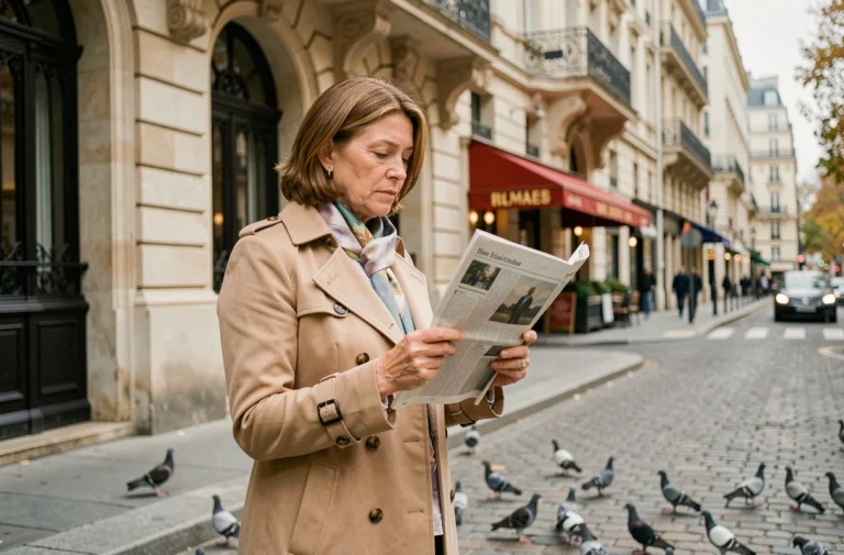 Femme parisienne lisant un journal devant un immeuble haussmannien sur un boulevard animé de Paris