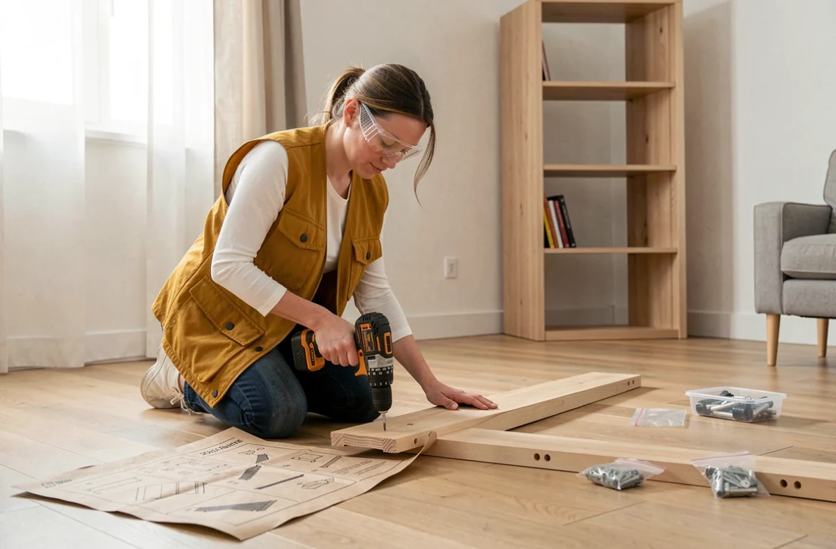 Femme utilisant une perceuse sans fil pour assembler des meubles dans un appartement moderne