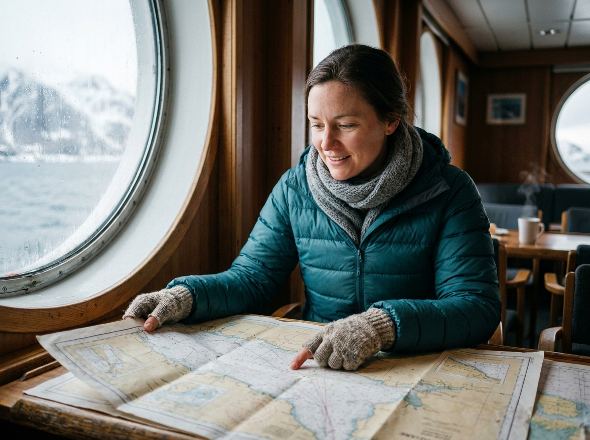 Jeune femme étudiant des cartes dans un salon de bateau