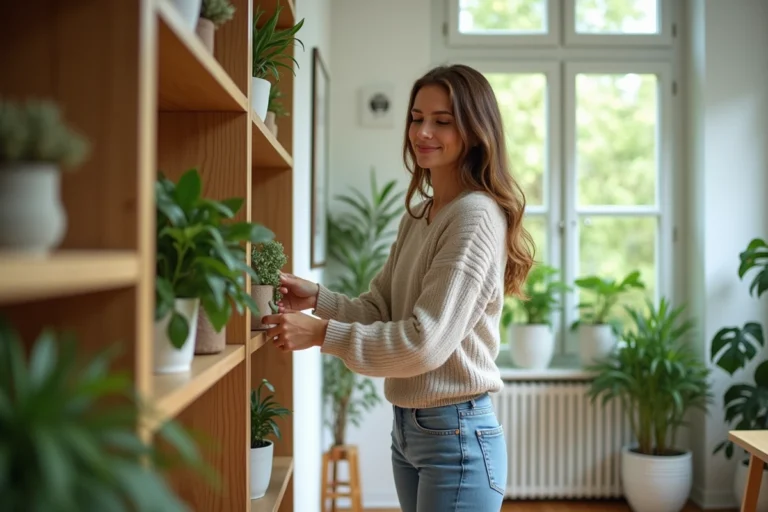 Jeune femme arrangeant des plantes dans son salon chaleureux