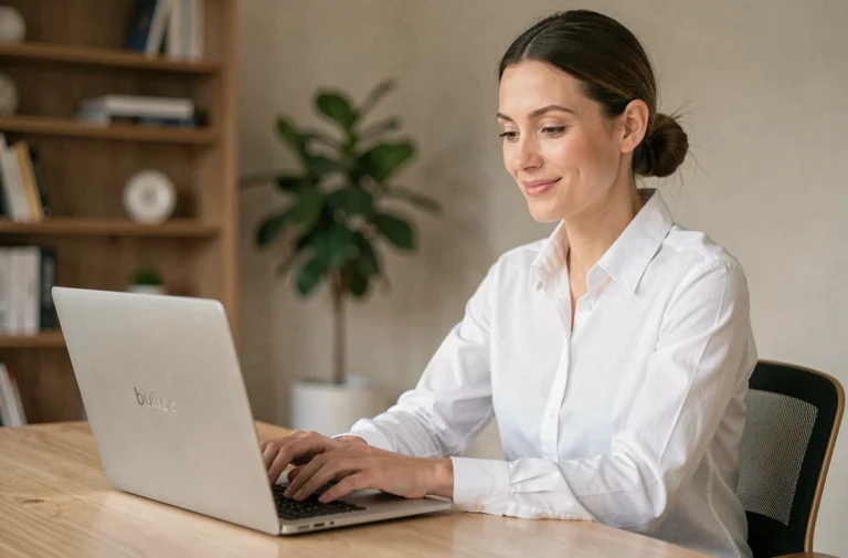 Femme professionnelle créant sa signature mail sur un ordinateur portable dans un bureau minimaliste