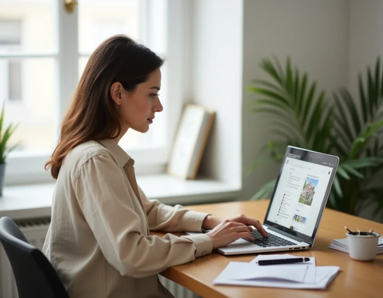 Femme consultant un site immobilier sur ordinateur portable pour sécuriser son projet d'achat