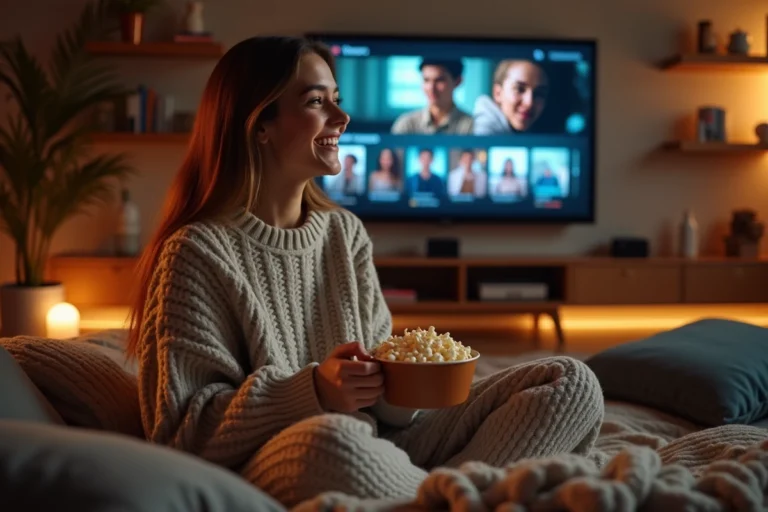 Jeune femme regardant un film en streaming sur sa télévision depuis son canapé avec du popcorn