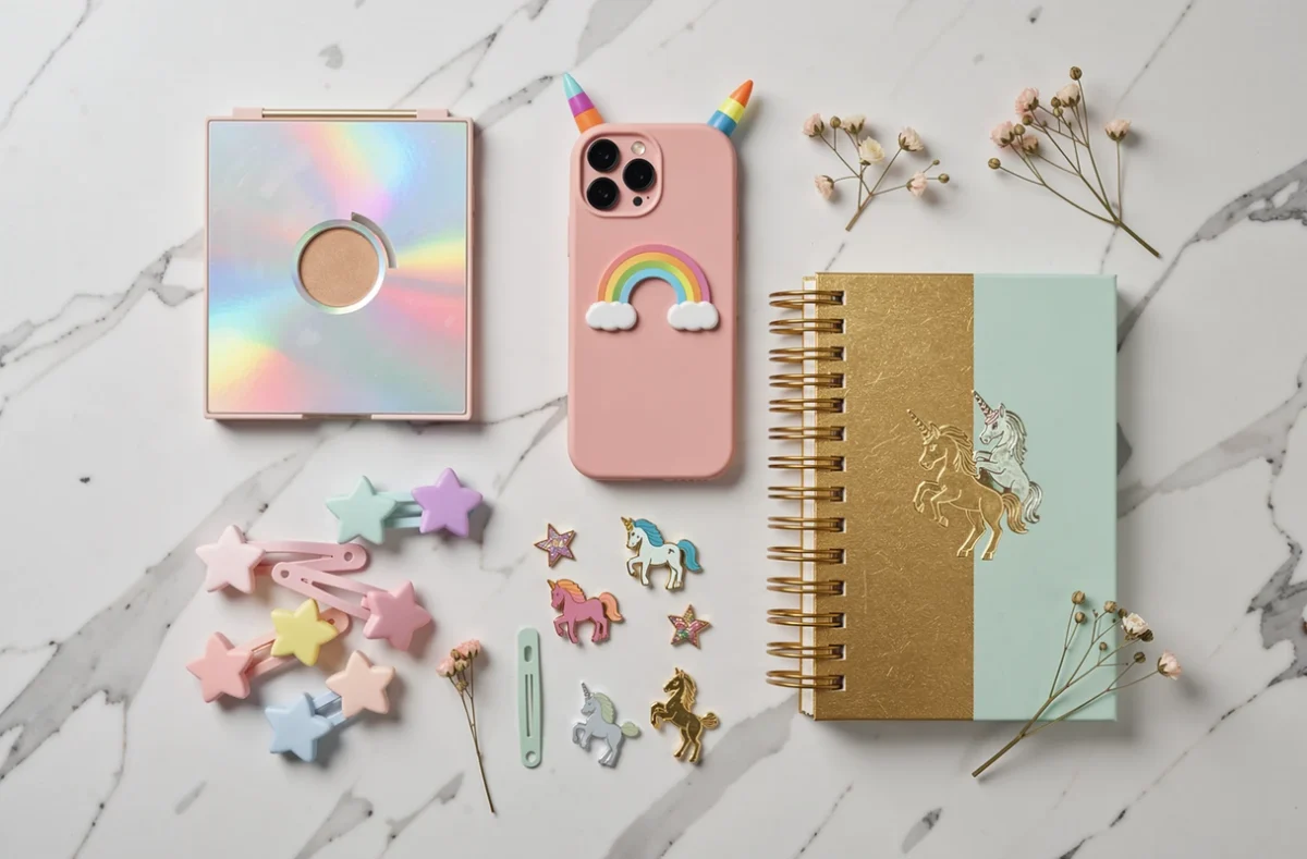 Flat lay tendance licorne 2024 avec palette holographique, accessoires irisés et journal à couverture dorée sur marbre blanc