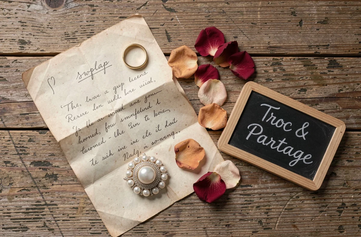 Flat lay d'objets de mariage de seconde main et de troc incluant bague vintage, broche et décorations pour un mariage économique