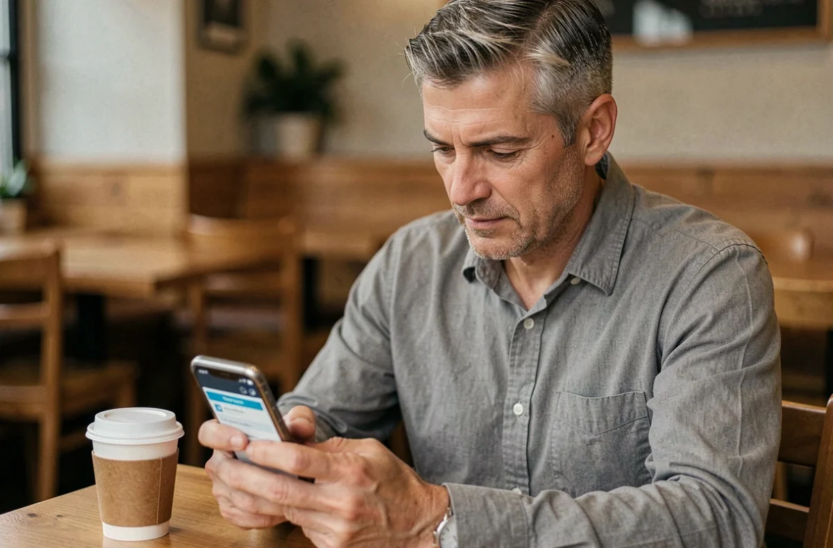 Homme gérant son compte MYF depuis un smartphone dans un café