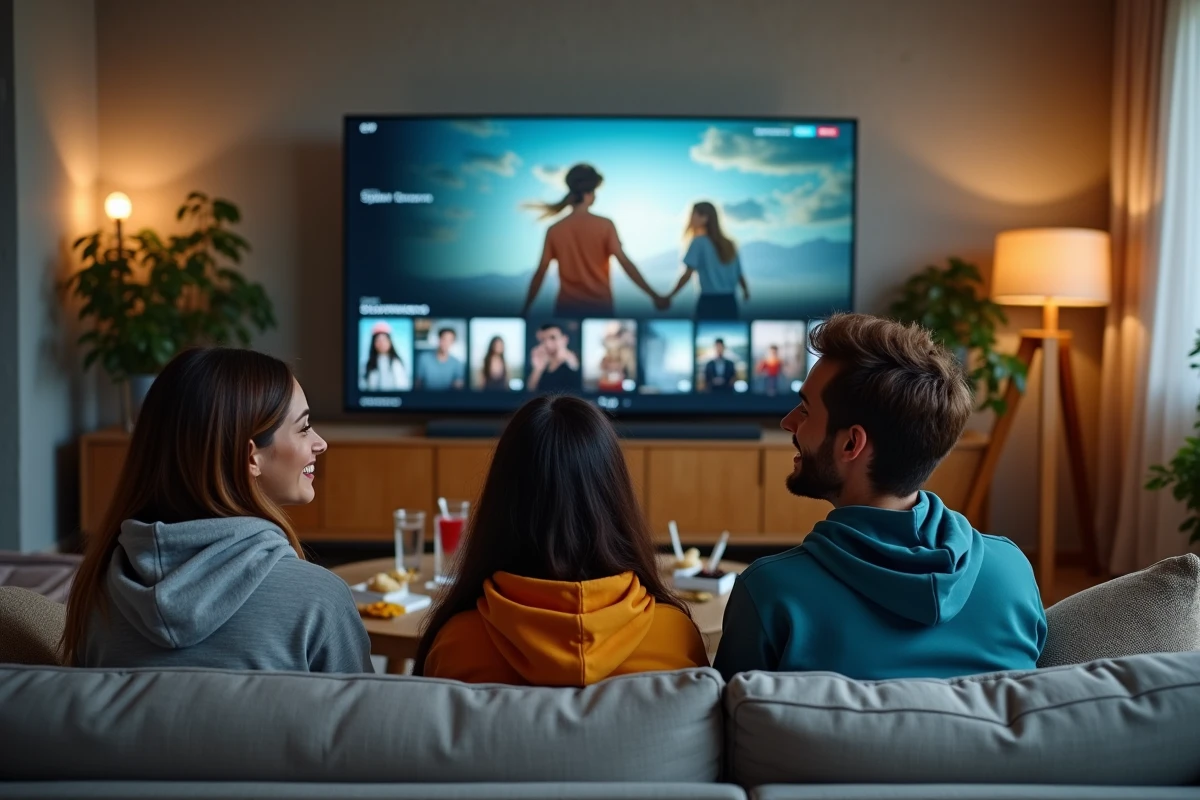 Groupe d'amis réunis pour regarder des films et séries en streaming gratuit ensemble dans un appartement moderne