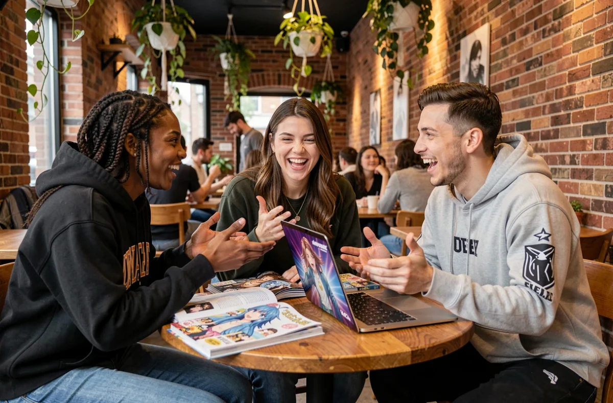Groupe de fans de manga discutant du chapitre événement One Piece 1141 dans un café animé
