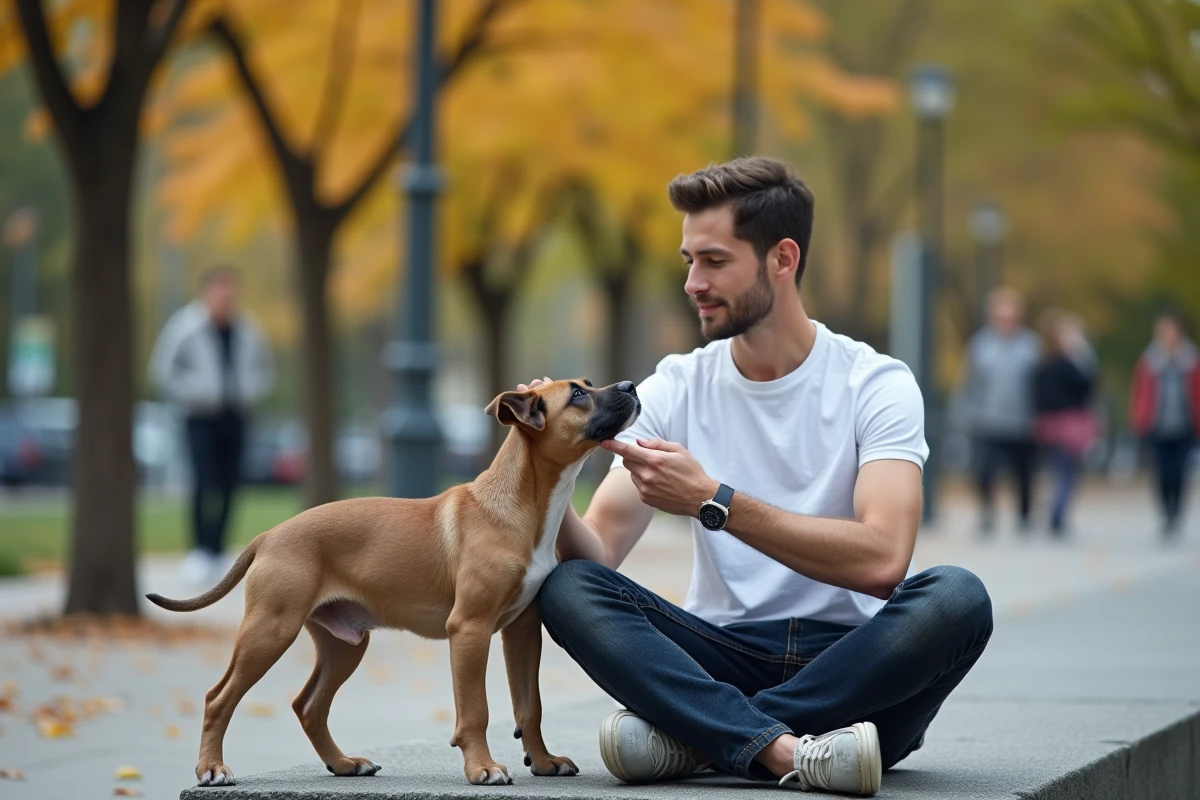 Jeune homme en parc urbain découvrant un chiot American Bully blue nose, illustration pour guide de choix de chiot pour débutants