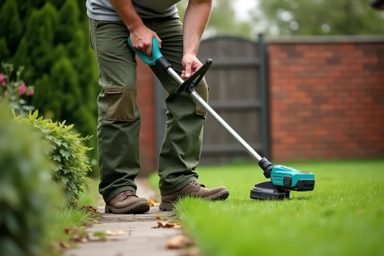 Homme utilisant un coupe-bordure sans fil Black et Decker à batterie pour délimiter les bords d'une pelouse dans un jardin résidentiel